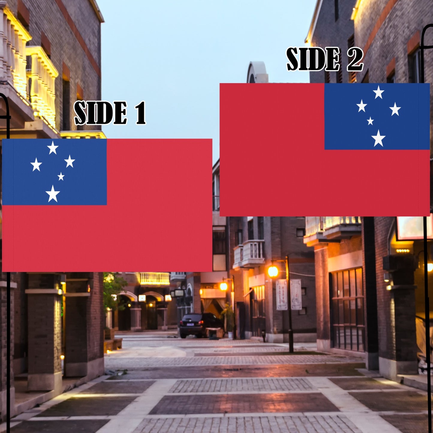 Two identical [Luv My Flag] flags displayed in street.