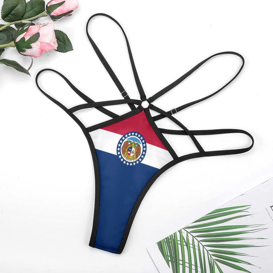 [Brand] bikini bottom featuring Missouri flag and strappy design.