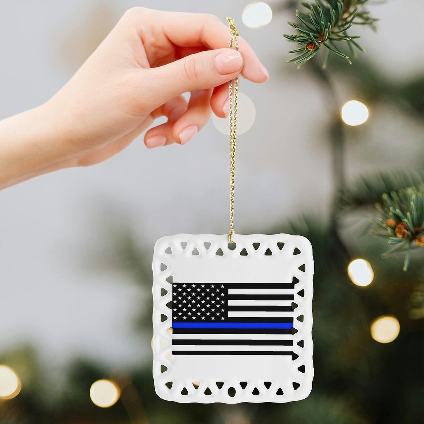 Thin Blue Line Flag Inspired Square Ceramic Ornament (Made in the  USA)