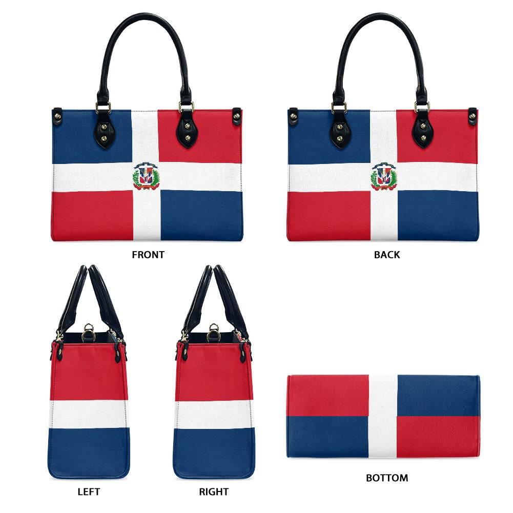 [Brand] handbag featuring Dominican flag design, shown five angles.