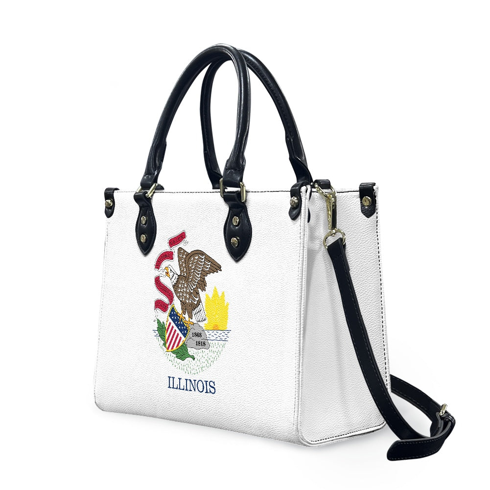 White handbag with Illinois emblem and black accents, [Brand].