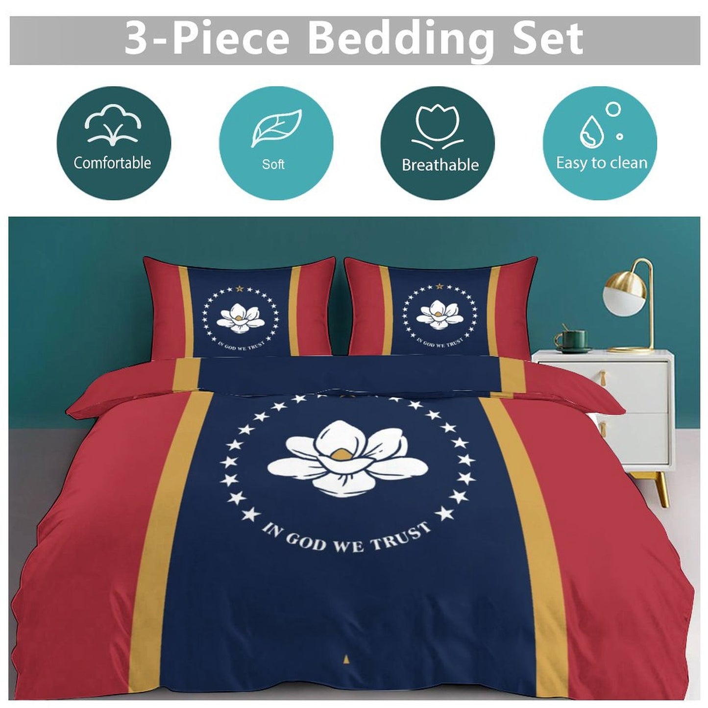 Mississippi Flag Inspired 3-Piece Bedding Set (1 Duvet Cover + 2 Pillow Shams) – 102"×90"