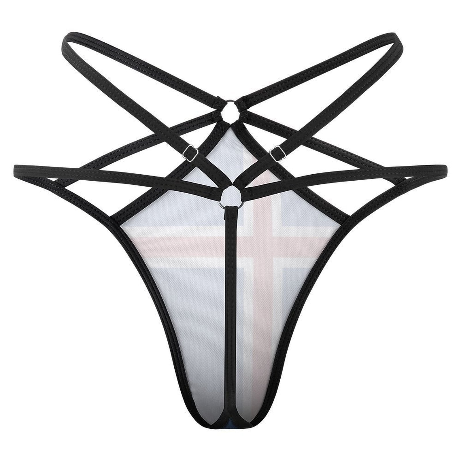 Black strappy body harness with geometric design, [Brand] lingerie.