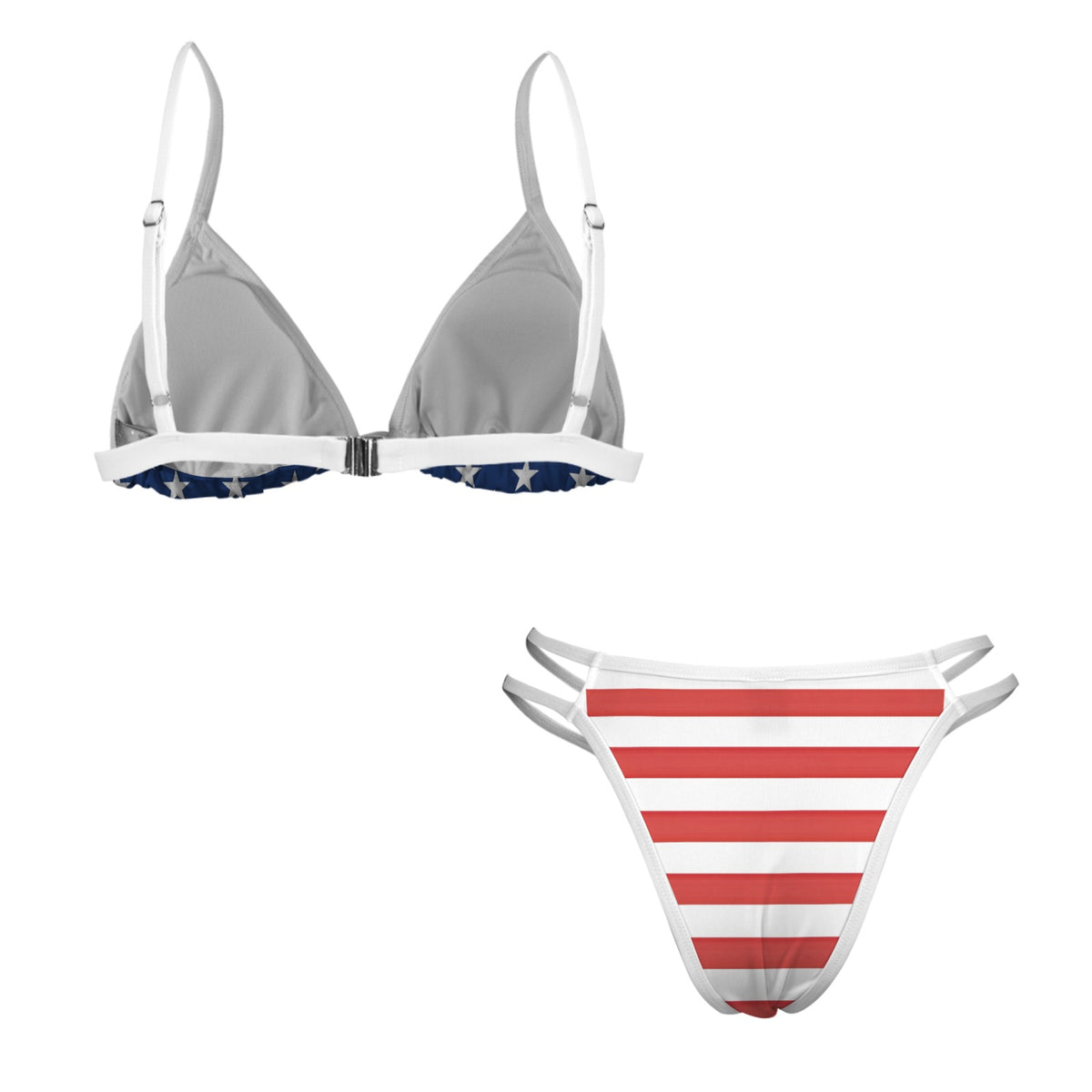 USA/American Flag Inspired Stars Top/Stripes Bottom w/White String Double-Strap Triangle Bikini Set