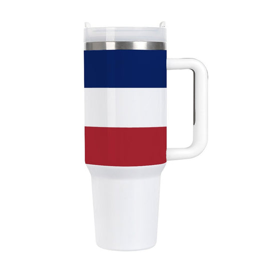 [Brand] tumbler with blue, white, red striped design.