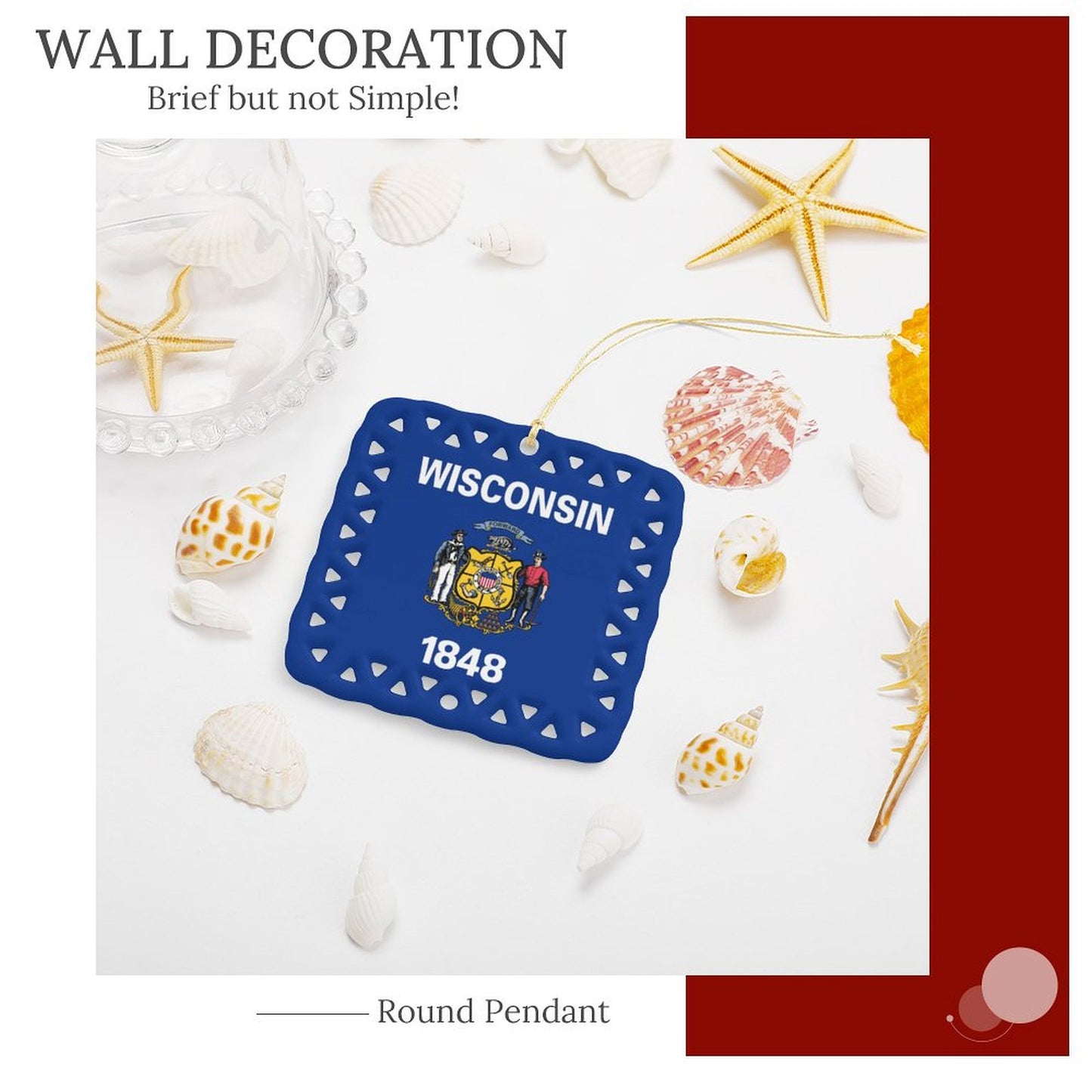 Wisconsin Flag Inspired Square Ceramic Ornament Made in the USA
