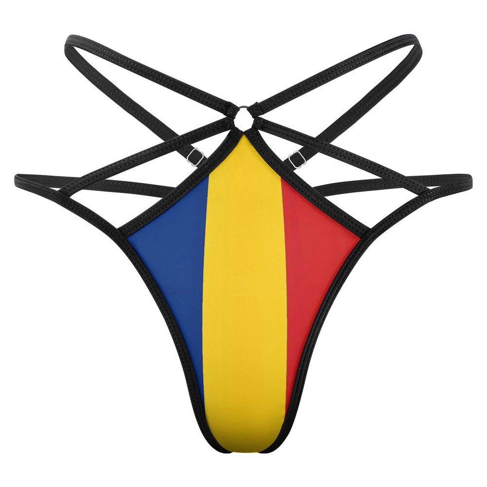 Black strappy bikini bottom with Romanian flag colors, [Brand].