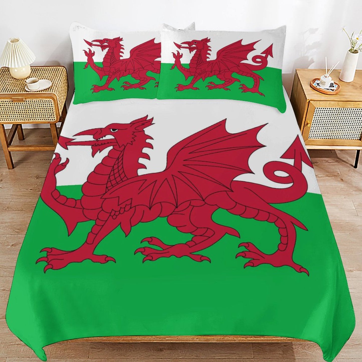 Wales Flag Inspired 3-Piece Bedding Set (1 Duvet Cover + 2 Pillow Shams) – 102"×90"