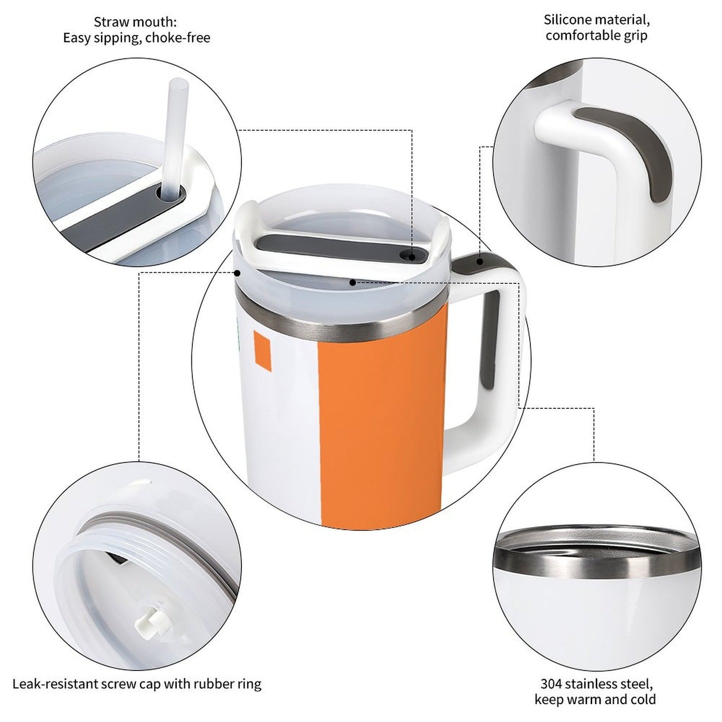 [Brand] mug showing straw mouth, handle, and screw cap.