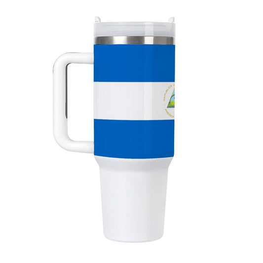 [Brand] travel mug with Nicaraguan flag design, white background.