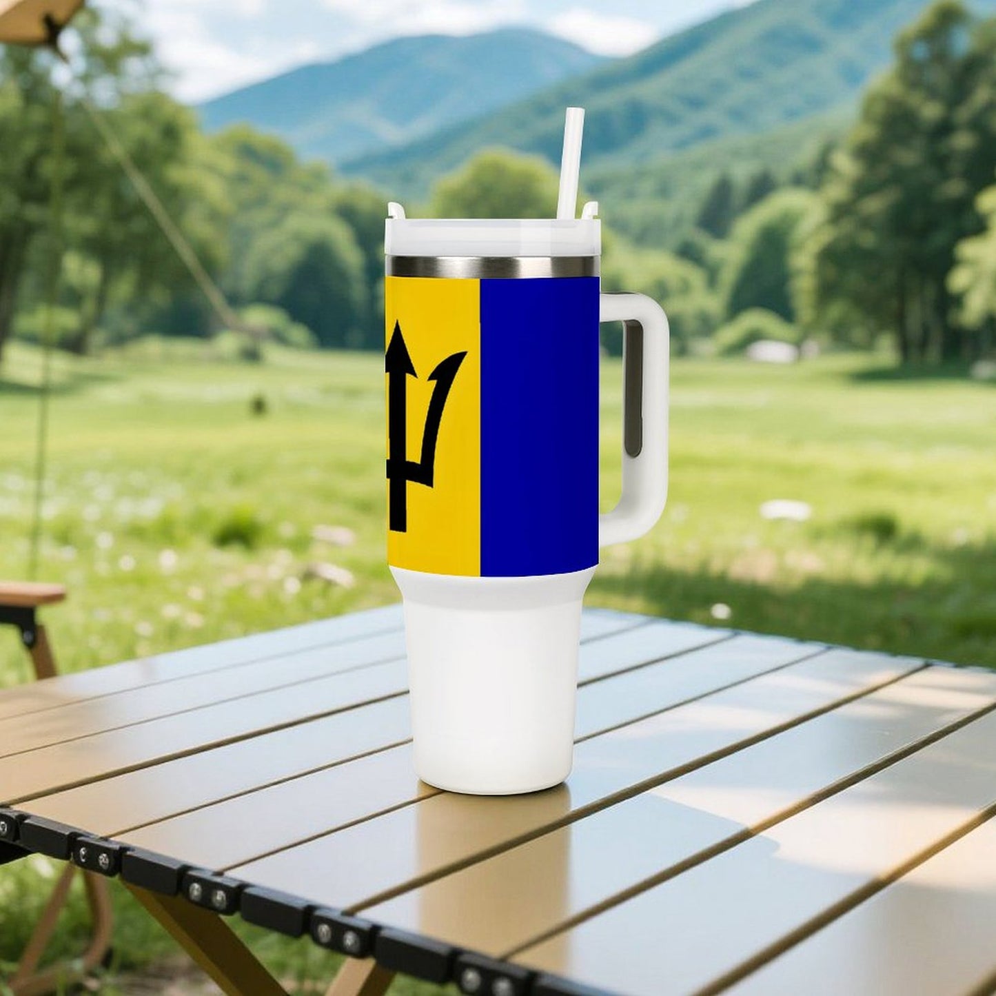 [Brand] mug with Barbados flag design on picnic table.