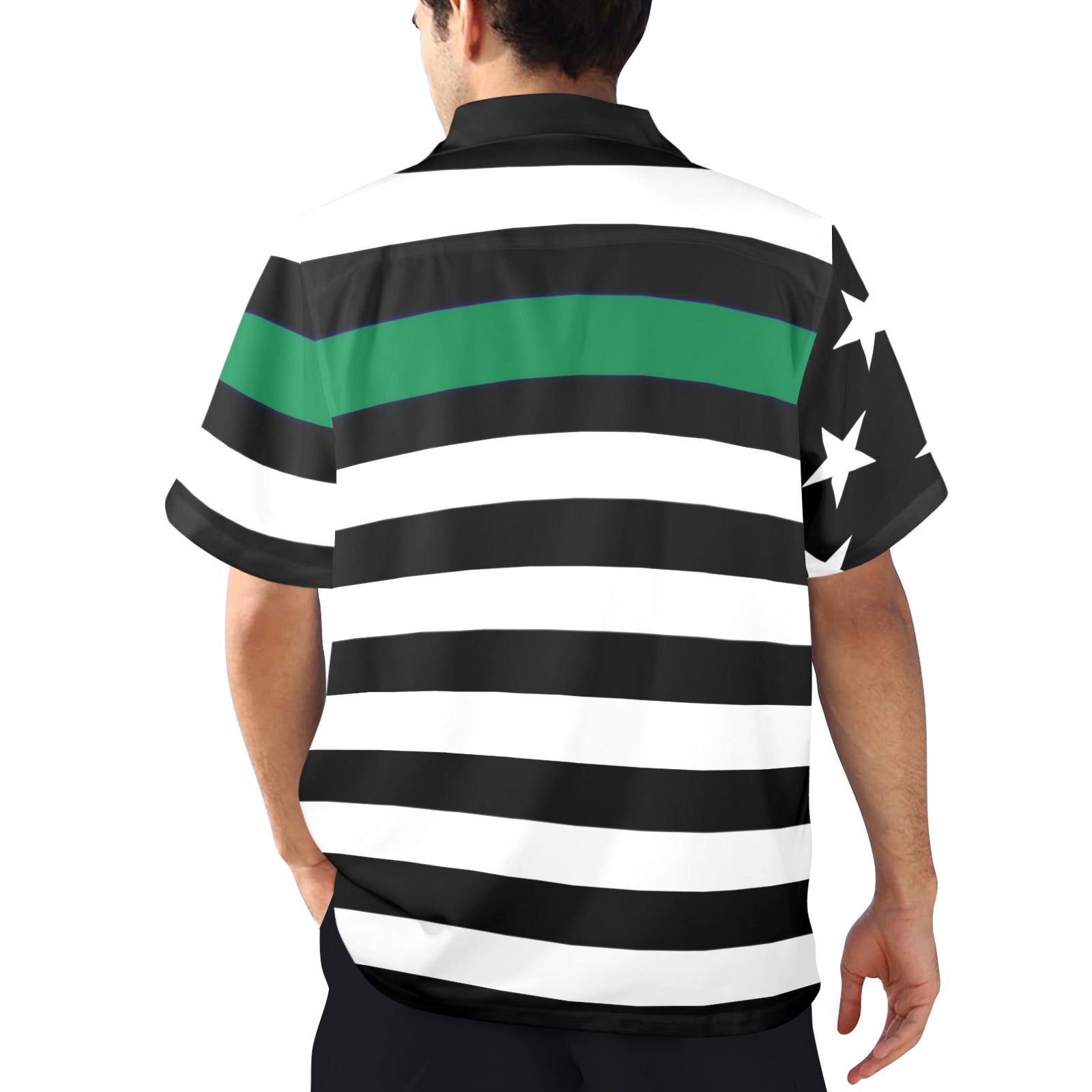 Man wearing [Brand] striped shirt with stars on sleeve.