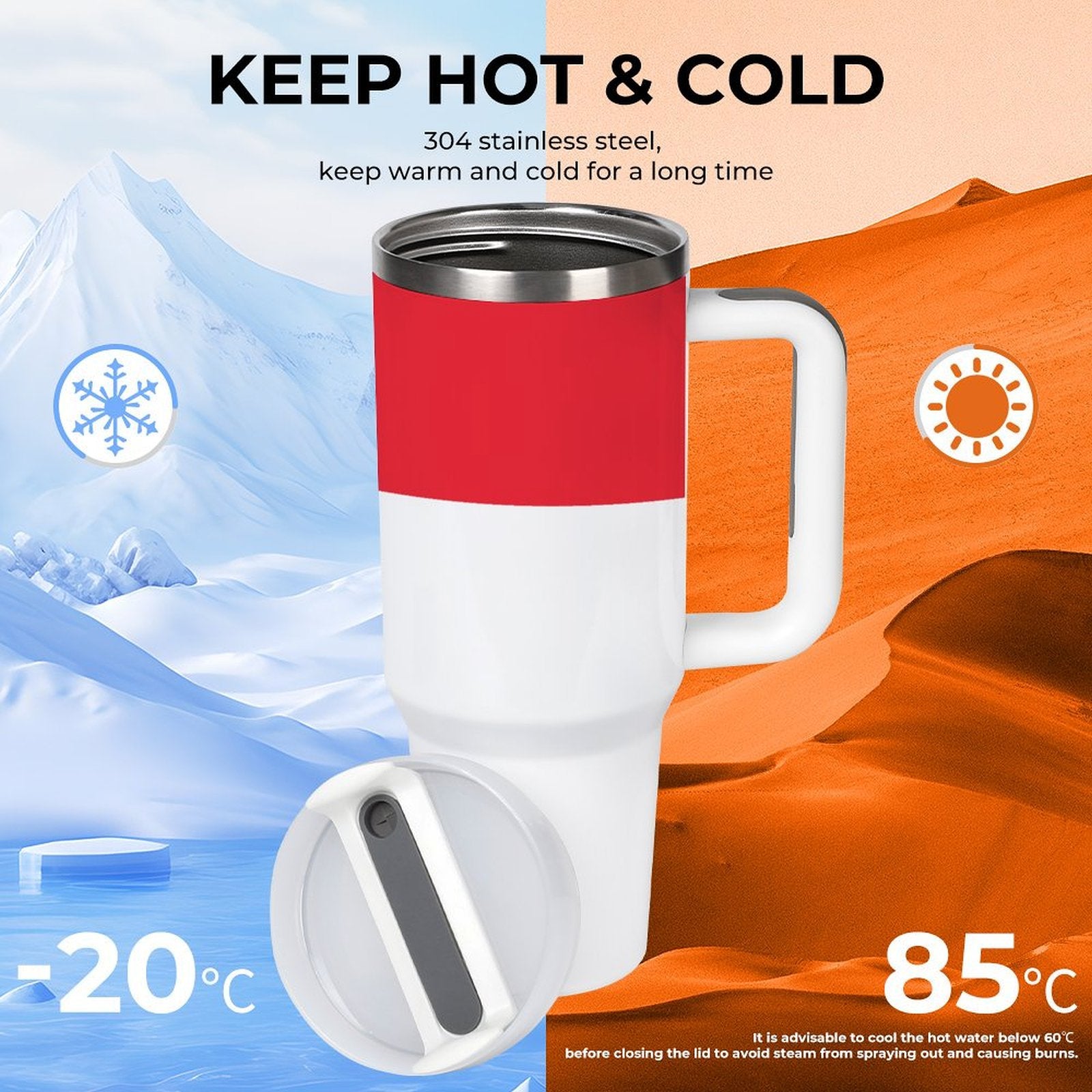 [Brand] insulated mug for keeping drinks hot or cold.