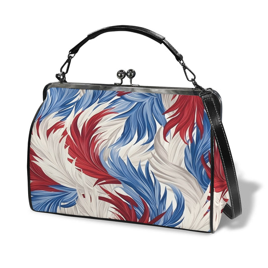 USA/American Flag Inspired Feather Pattern Kisslock Crossbody Shoulder Bag-Large