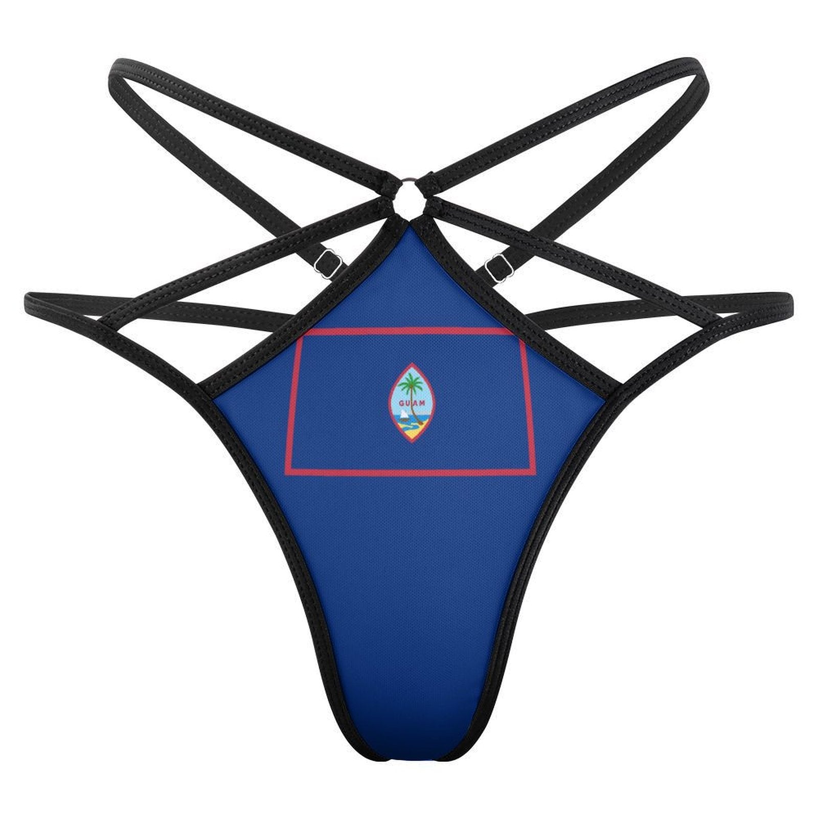 [Brand] blue bikini bottom with black straps, Guam flag.