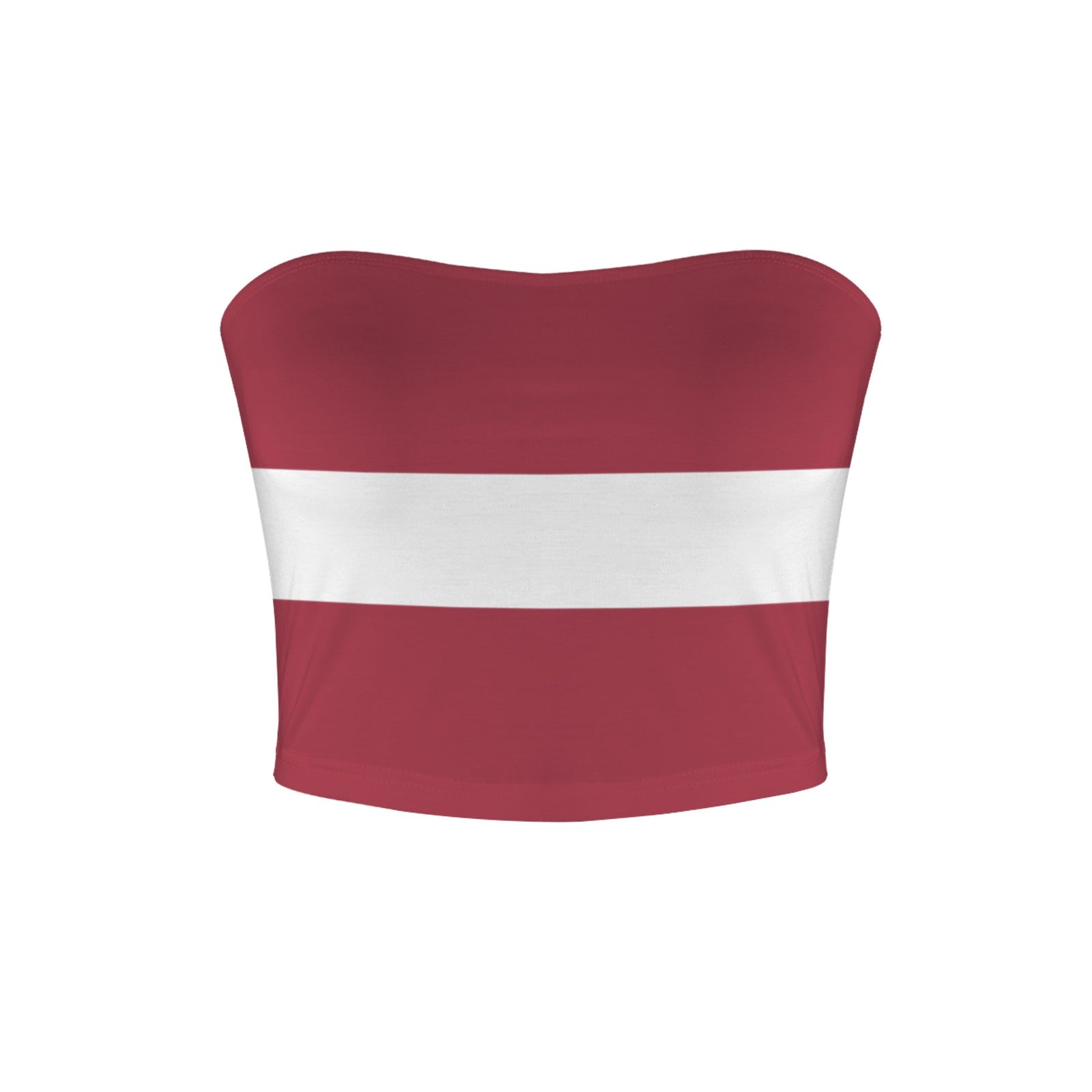 [Brand] red strapless top with a bold white stripe.
