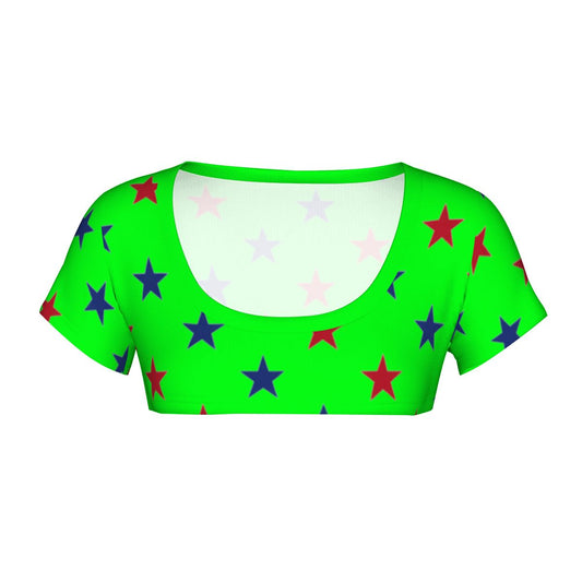 USA/American Flag Inspired Red &amp; Blue Stars on Green Women's 1/2 Cut Short Sleeve T-Shirt