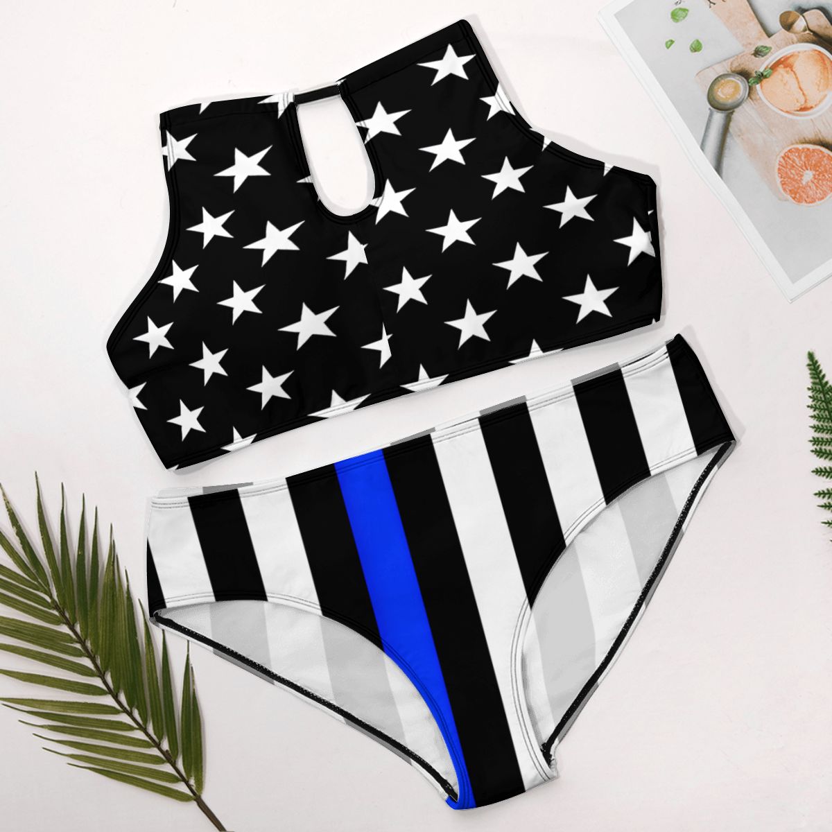 Thin Blue Line Flag Inspired Plus Size High Waisted Bikini