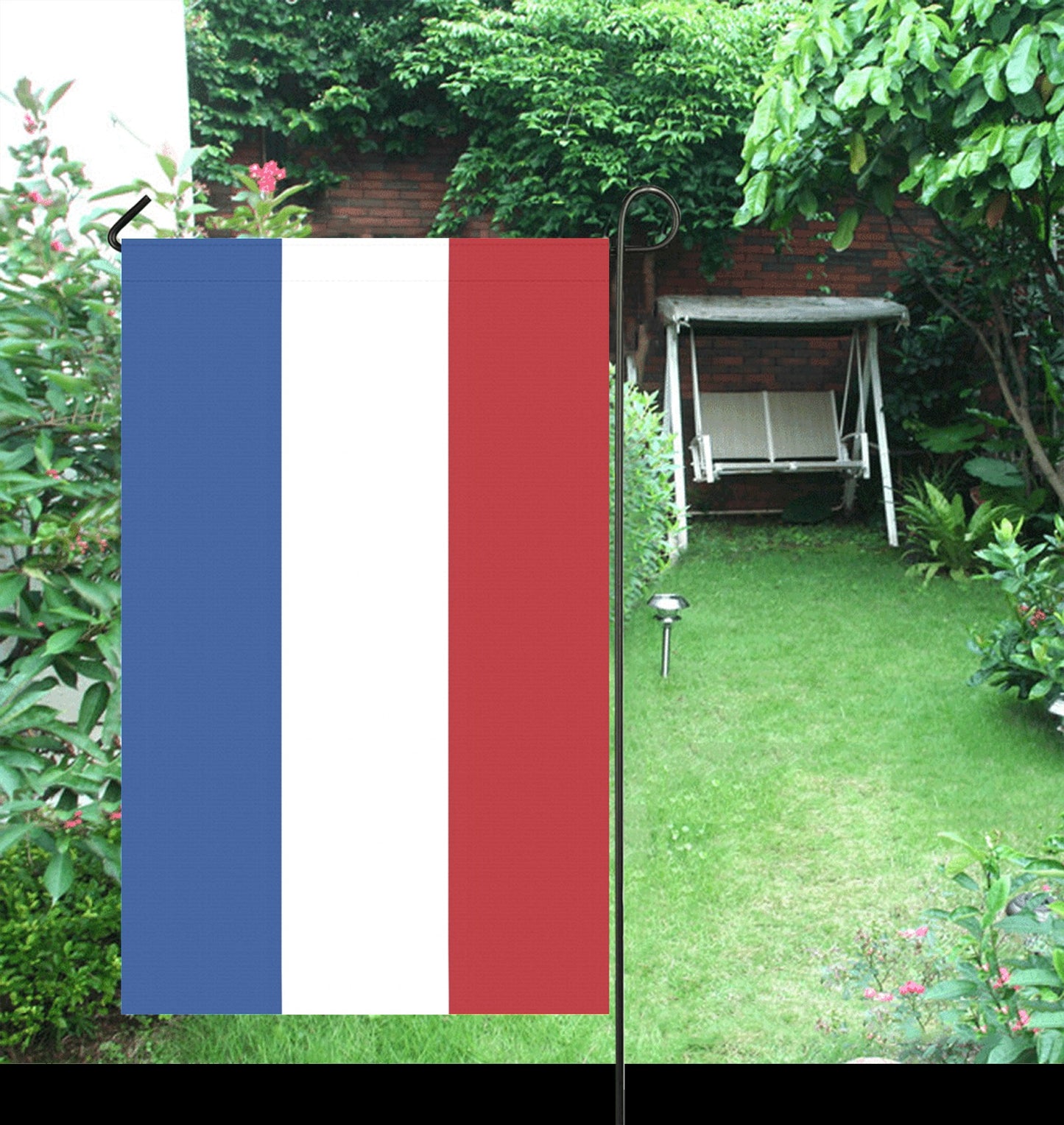 Luv My Flag garden flag featuring French colors, outdoor background.
