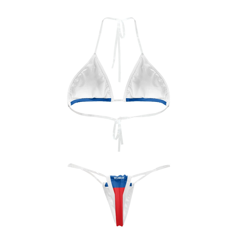 White [Brand] bikini with blue and red color accents.
