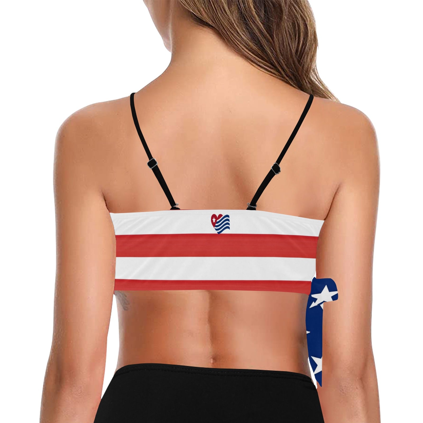 Back view showing [Brand] flag-patterned bikini top design.