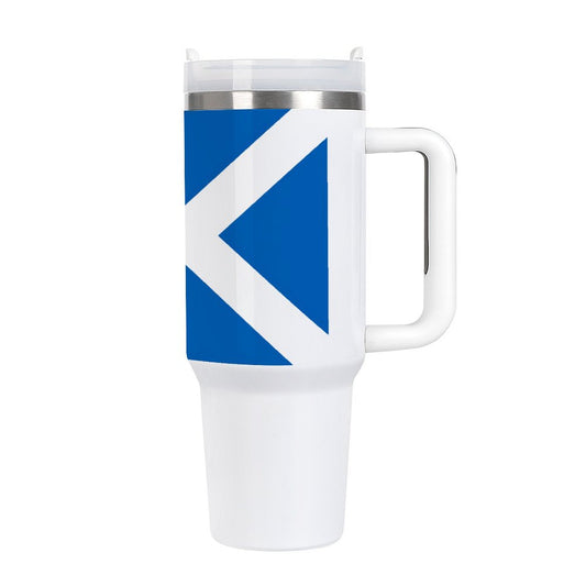 White travel mug with blue design, featuring [Brand].