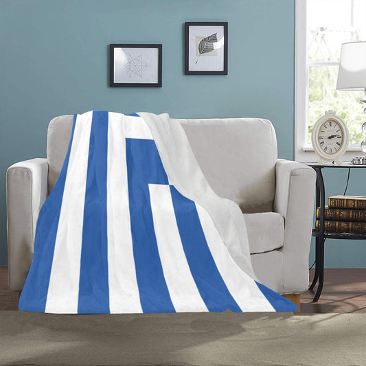 Blue and white striped blanket on sofa, Luv My Flag.