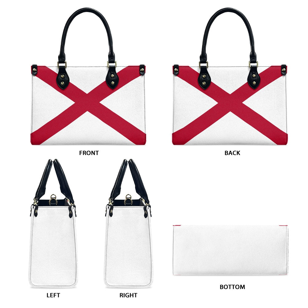 [Brand] handbag with red X pattern, various angle views.