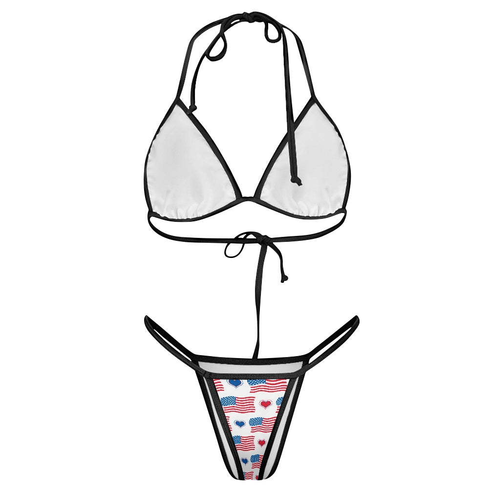 USA/American Flag Inspired Flag & Hearts Pattern Women's Triangle Bikini with Thong Bottom