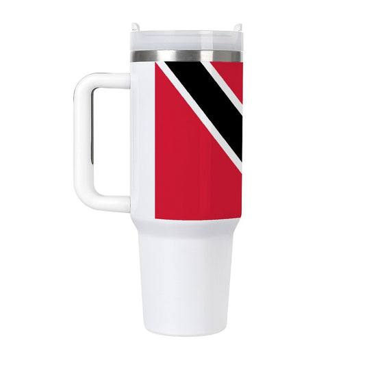 White travel mug featuring Trinidad and Tobago flag design. [Brand]