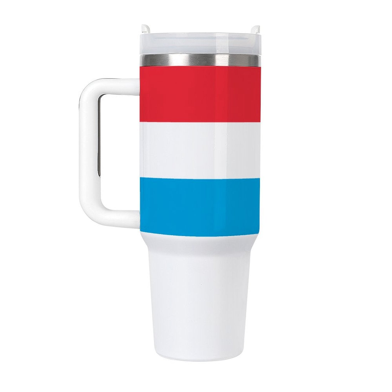 [Brand] mug featuring red, white, blue stripes, and handle.