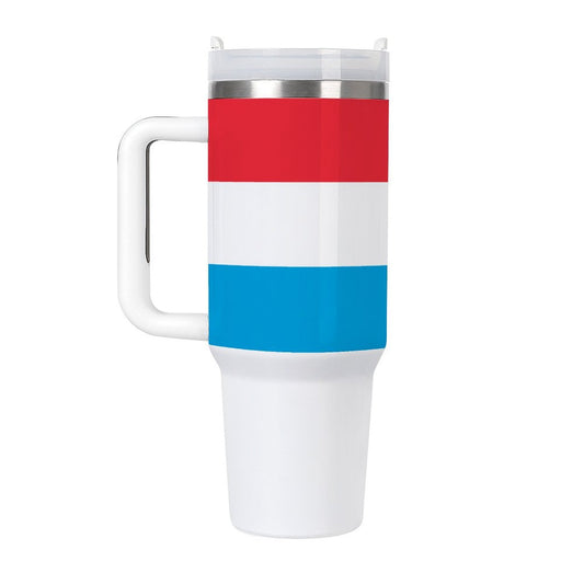 [Brand] mug featuring red, white, blue stripes, and handle.