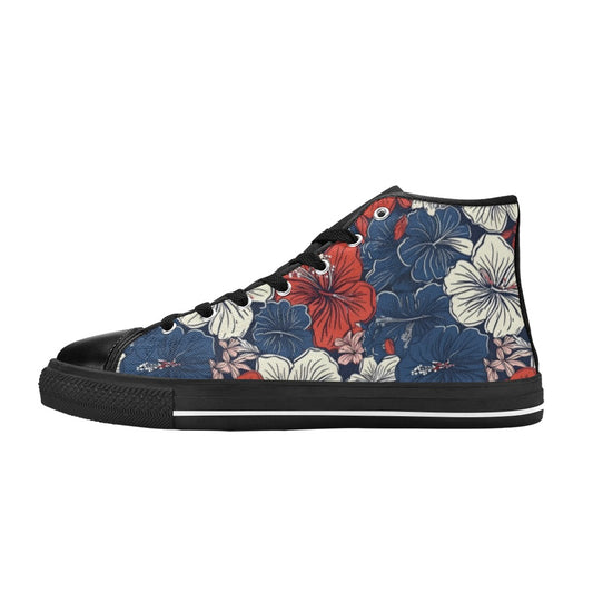 USA/American Flag Inspired Hawaiian Floral Pattern Kid's High Top Canvas Shoes