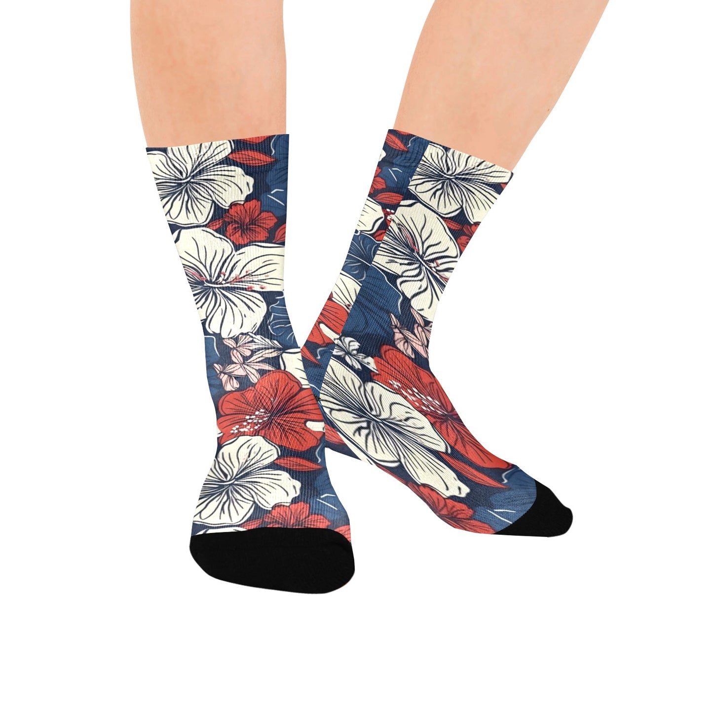 USA/American Flag Inspired Hawaiian Floral Pattern Women’s Custom Socks Made in the USA