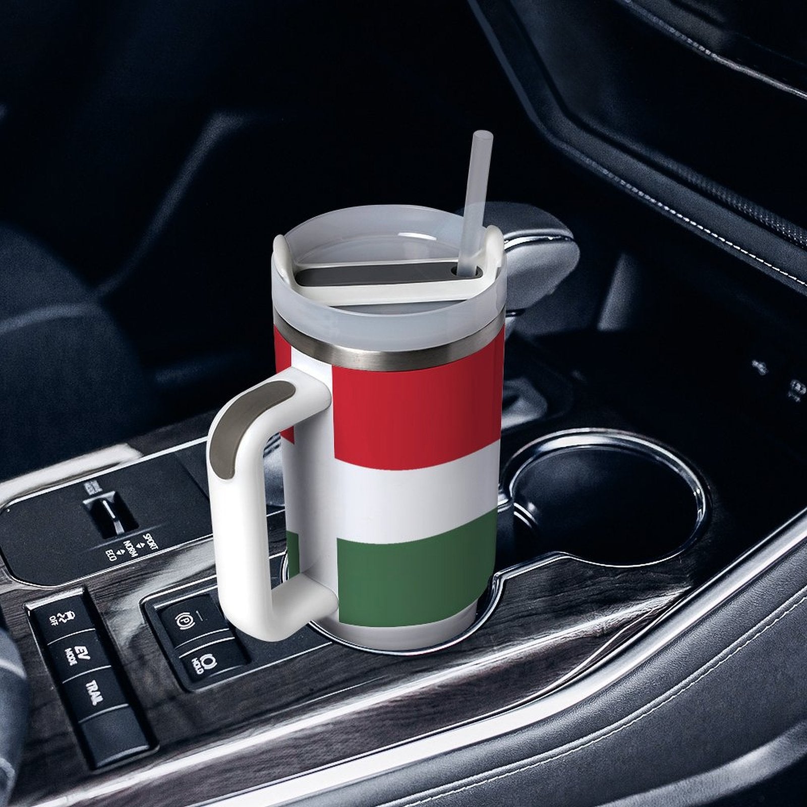 [Brand] mug with straw in car cup holder, striped.