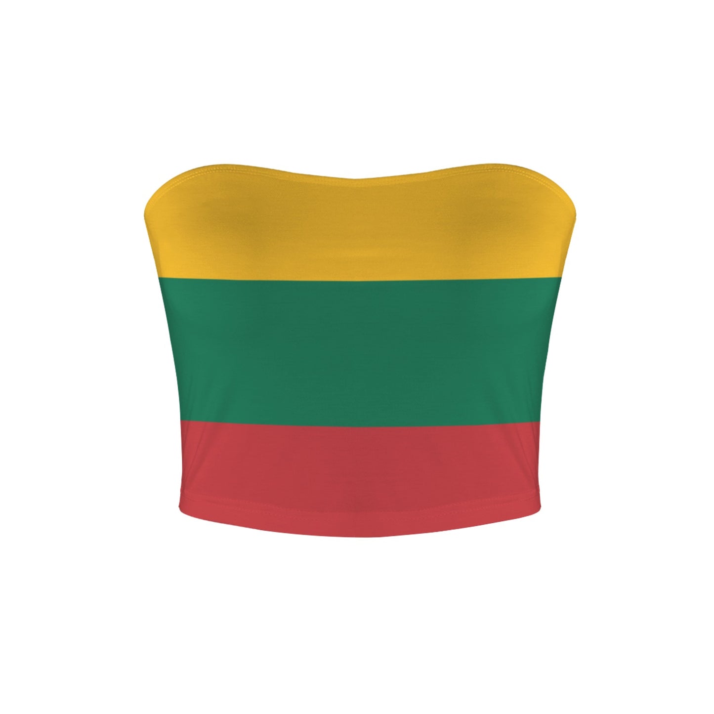 [Brand] strapless top with yellow, green, and red stripes.