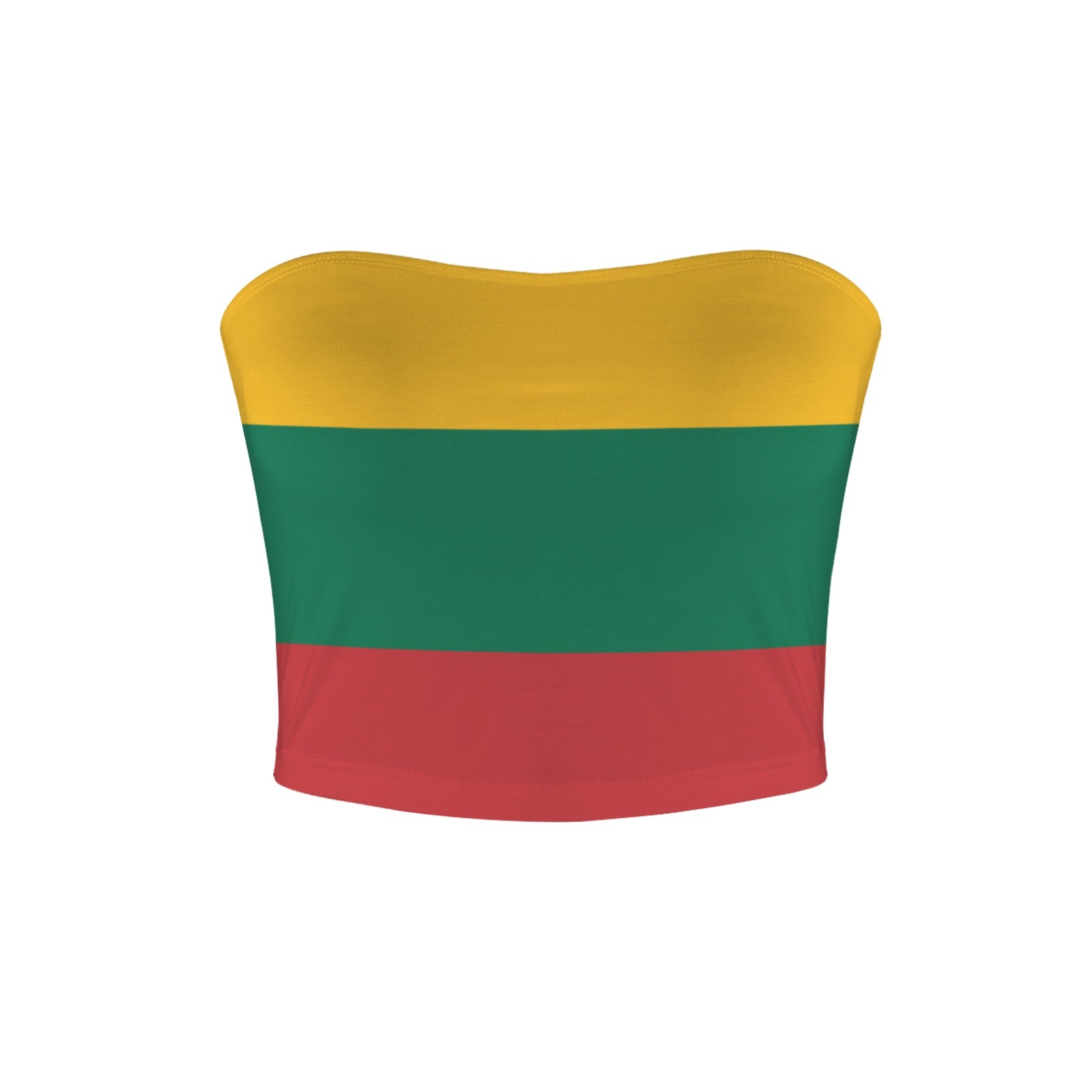 [Brand] strapless top with yellow, green, and red stripes.