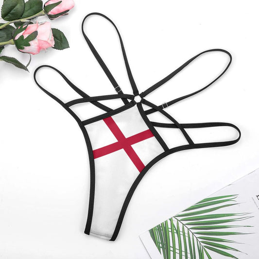 [Brand] strappy thong with English flag design and flowers.