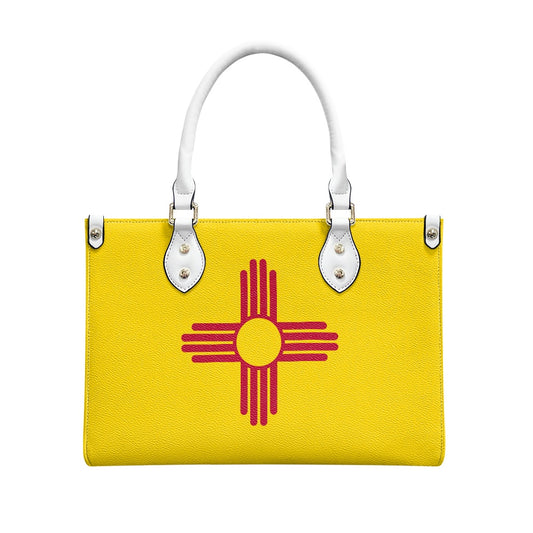Yellow handbag with red design, white handles, by [Brand].