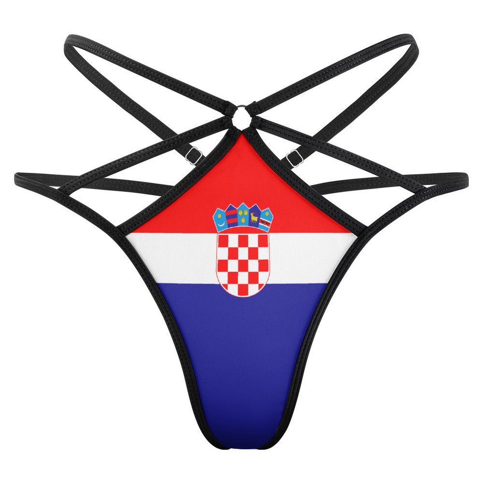 [Brand] black-strapped bikini featuring Croatia flag design graphic.