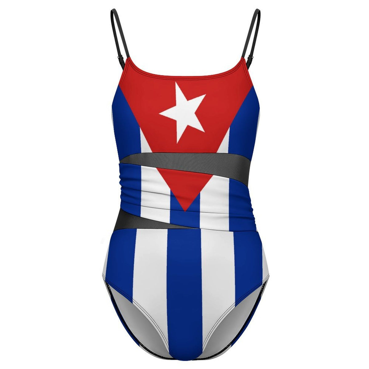 Cuba Flag Inspired Women's Square Neck Mesh Spliced One Piece Swimsuit
