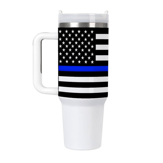 White travel mug with American flag, [Brand] design.
