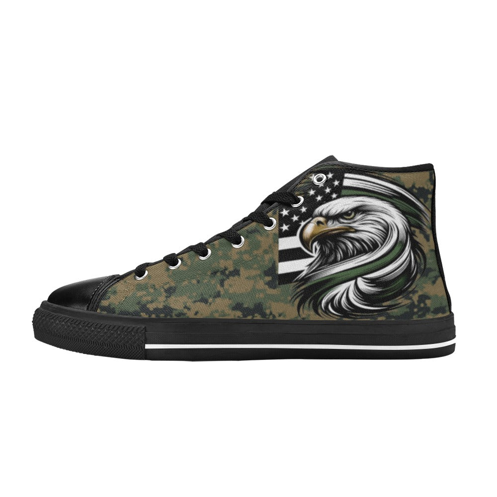 Thin Green Line Flag Inspired Eagle on Digital Camo Kid's High Top Canvas Shoes