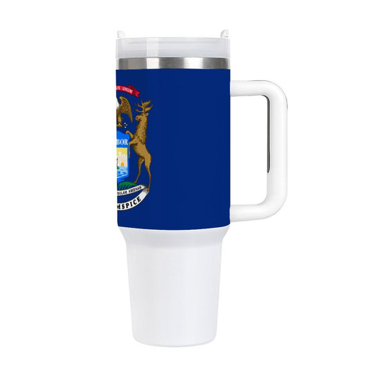 Tall white travel mug featuring the [Brand] Michigan design.