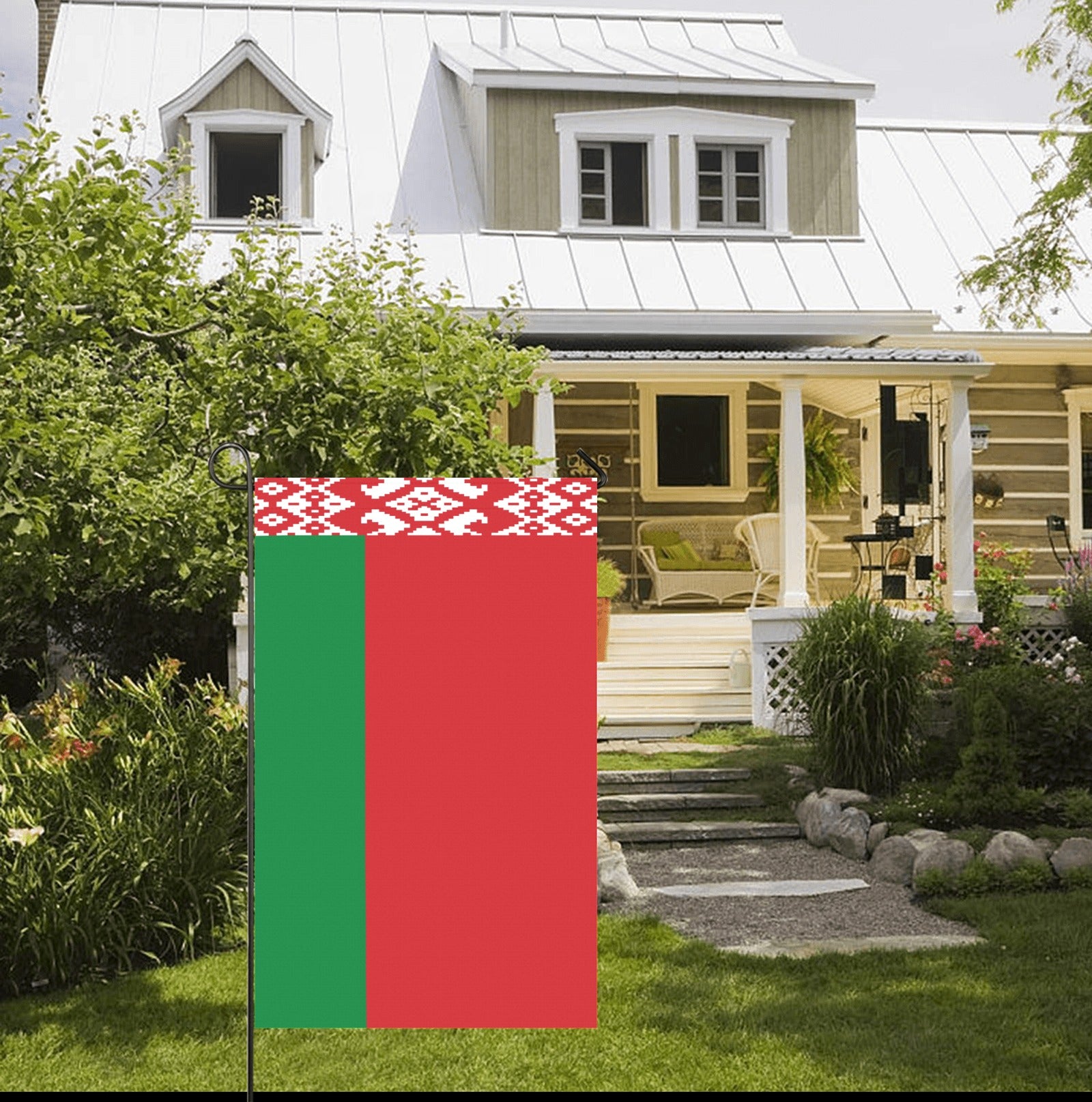 House with garden, Luv My Flag outdoors, vibrant flag display.