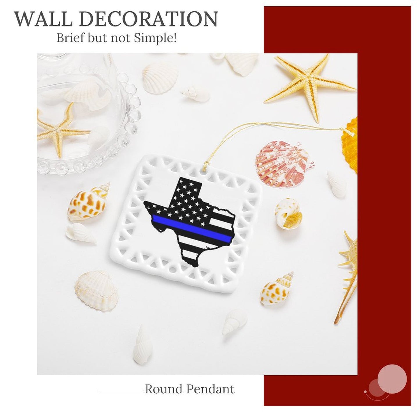 Thin Blue Line Flag Inspired Texas Shape Square Ceramic Ornament Made in the USA
