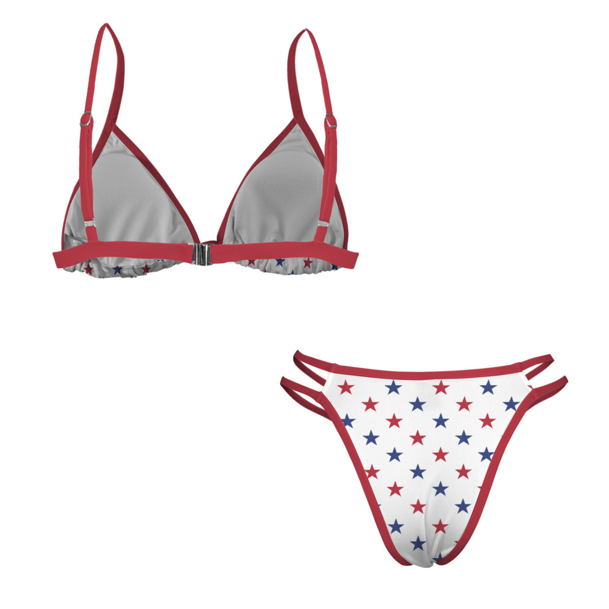 USA/American Flag Inspired Red and Blue Stars w/Red String Double-Strap Triangle Bikini Set