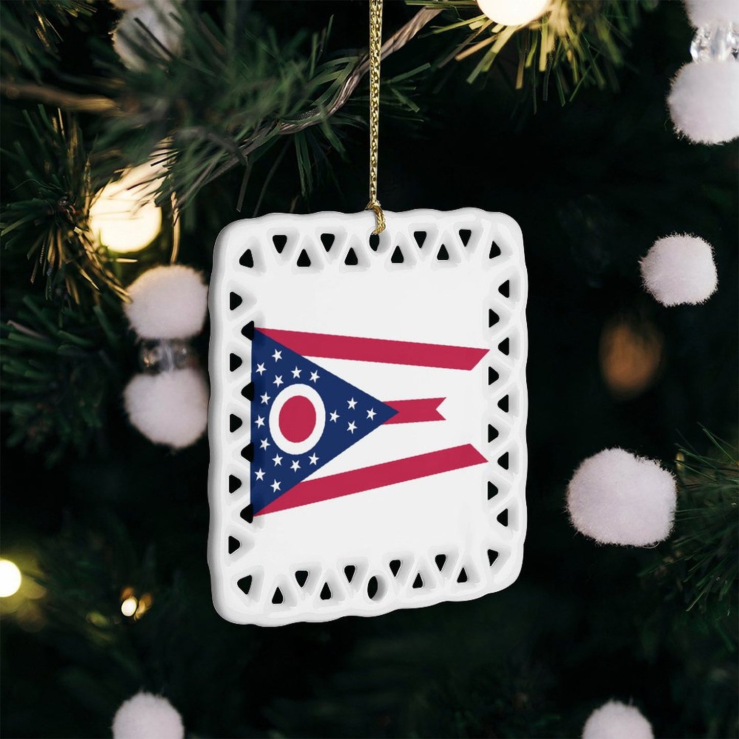 Ohio Flag Inspired Square Ceramic Ornament Made in the USA