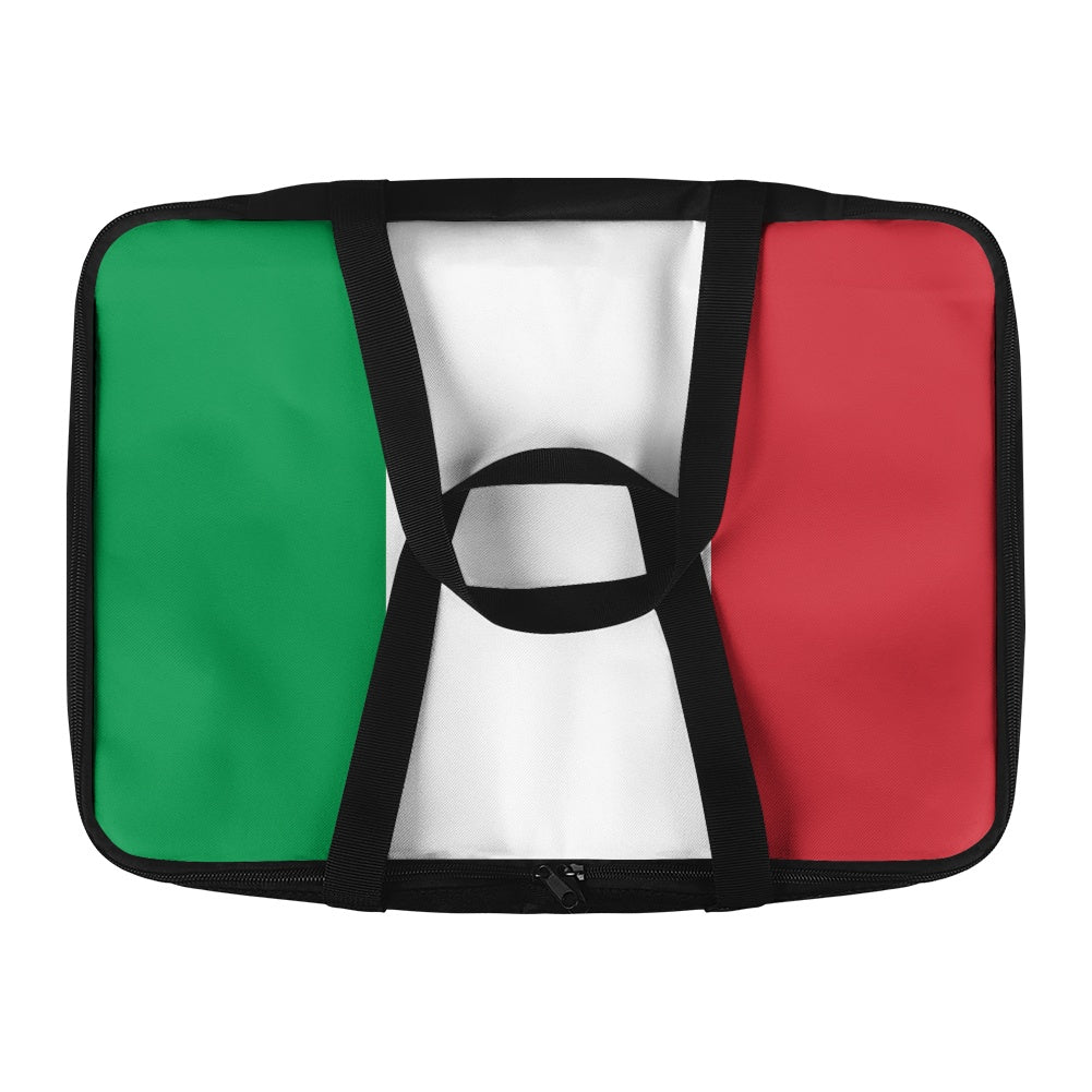 [Brand] suitcase featuring Italian flag design, black straps.
