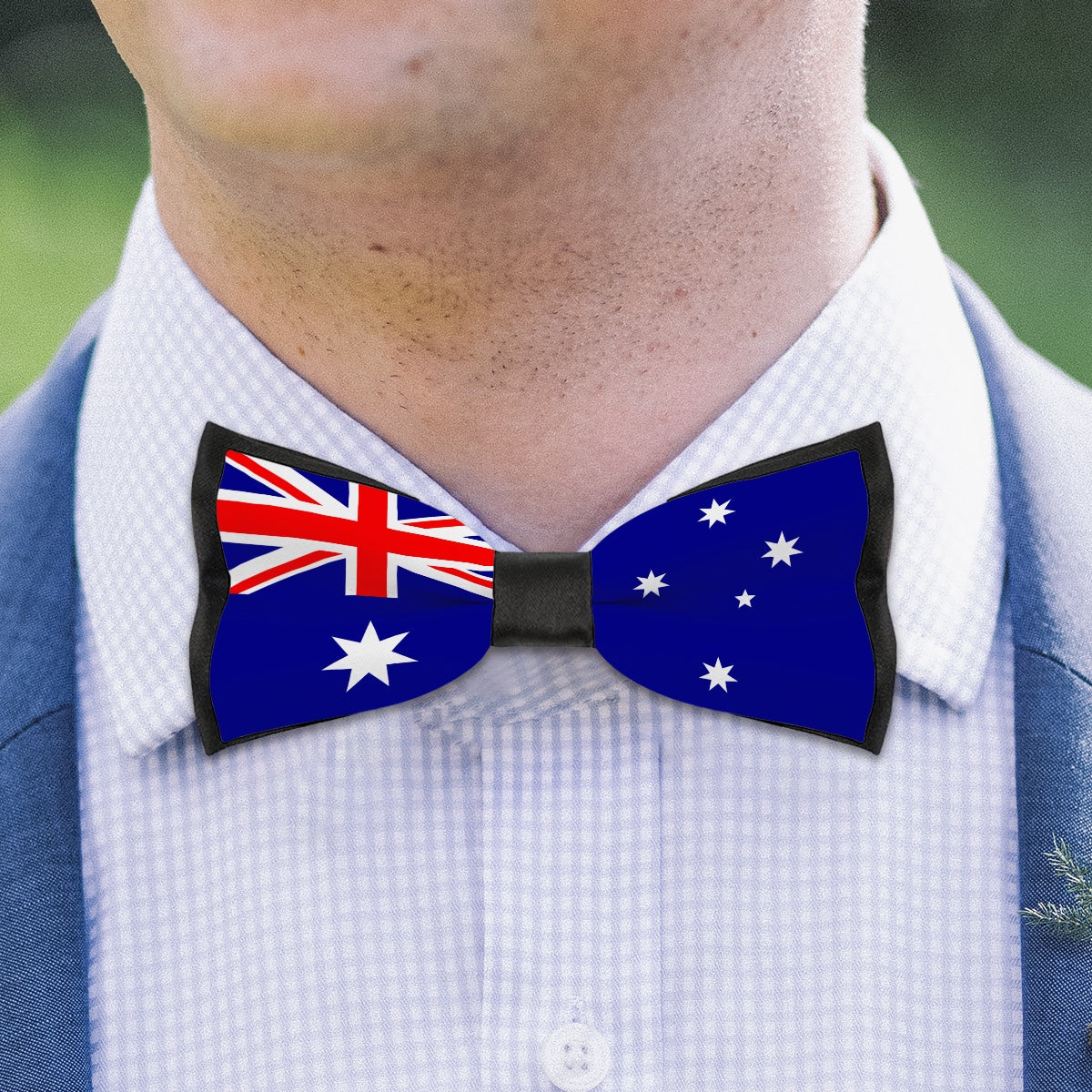 Person wearing Australian flag bow tie from [Brand].